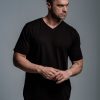 model in a black Adamsson vneck t-shirt, round neck