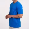 model in a blue Adamsson t-shirt, v-neck