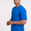 model in a blue Adamsson t-shirt, round neck
