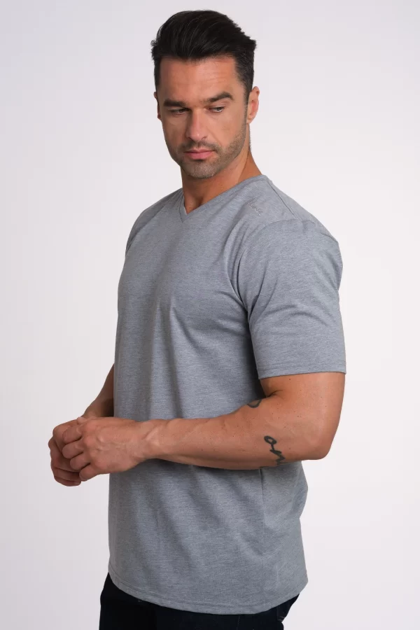model in a grey Adamsson t-shirt, v-neck