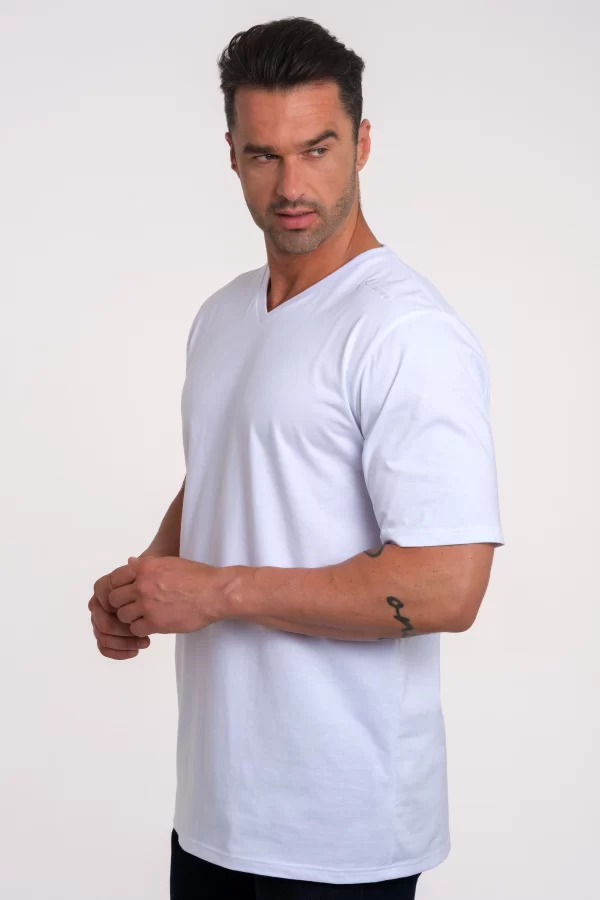 model in a white Adamsson t-shirt, v-neck